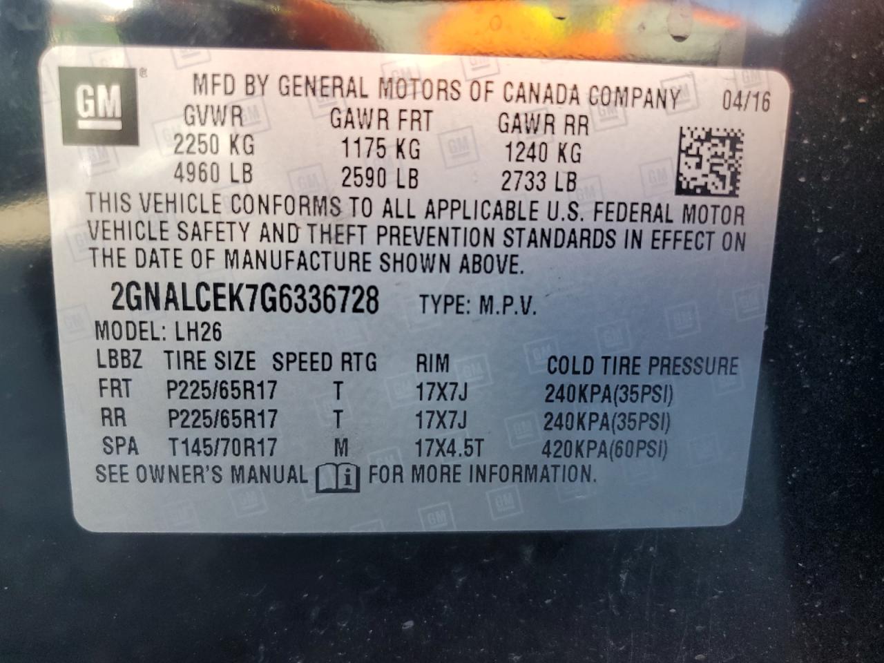2016 Chevrolet Equinox VIN 2GNALCEK7G6336728 Copart auction photo, side damage thumbnail 12
