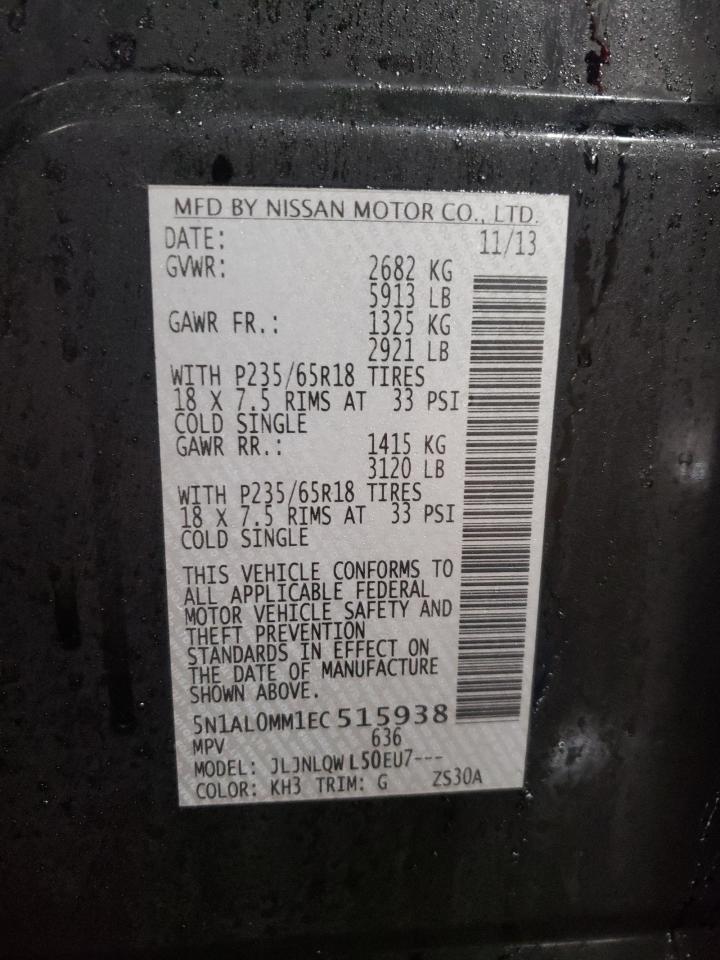 2014 Infiniti QX60 VIN 5N1AL0MM1EC515938 Copart auction photo, front end damage thumbnail 13