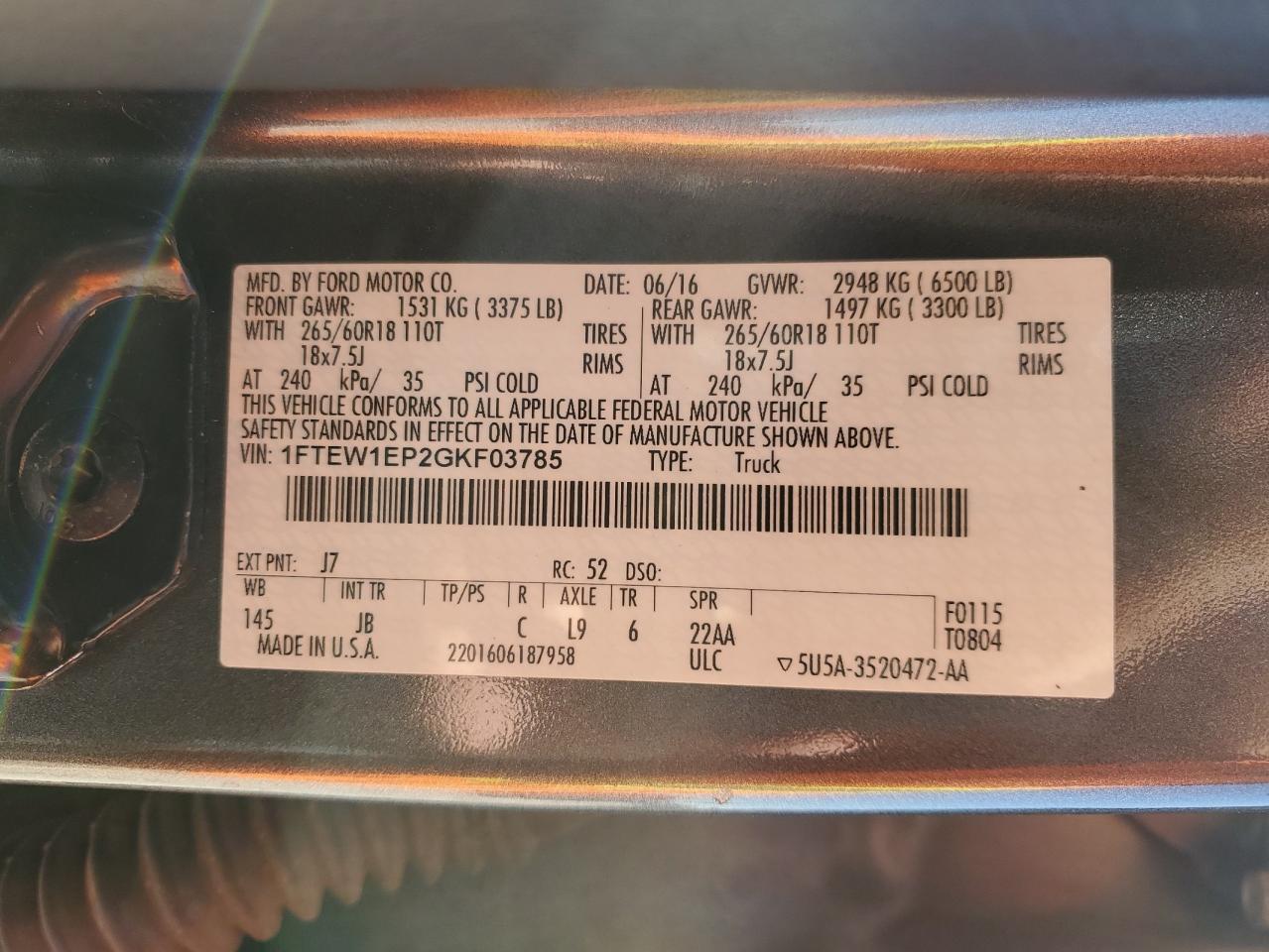 2016 Ford F-150 VIN 1FTEW1EP2GKF03785 Copart auction photo, front end damage thumbnail 12