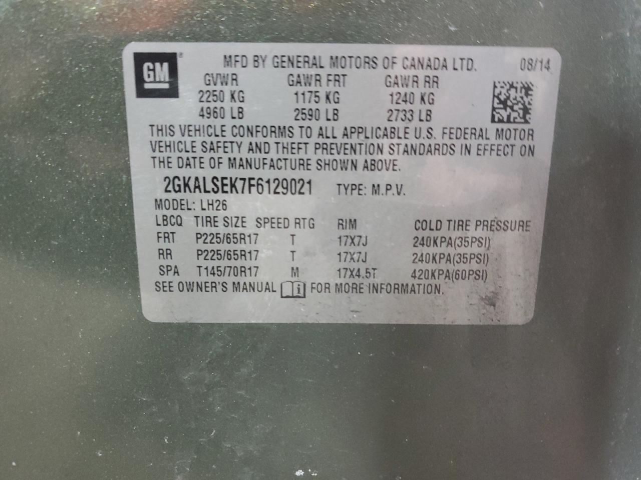 2015 GMC Terrain VIN 2GKALSEK7F6129021 Copart auction photo, side / front end damage thumbnail 15