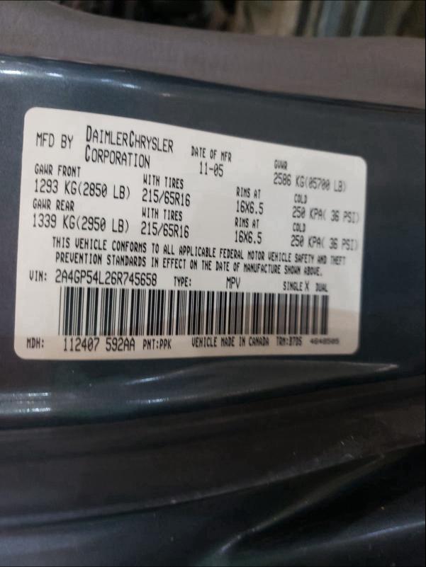2006 Chrysler Town & Country VIN 2A4GP54L26R745658 Copart auction photo, mechanical / side damage thumbnail 10