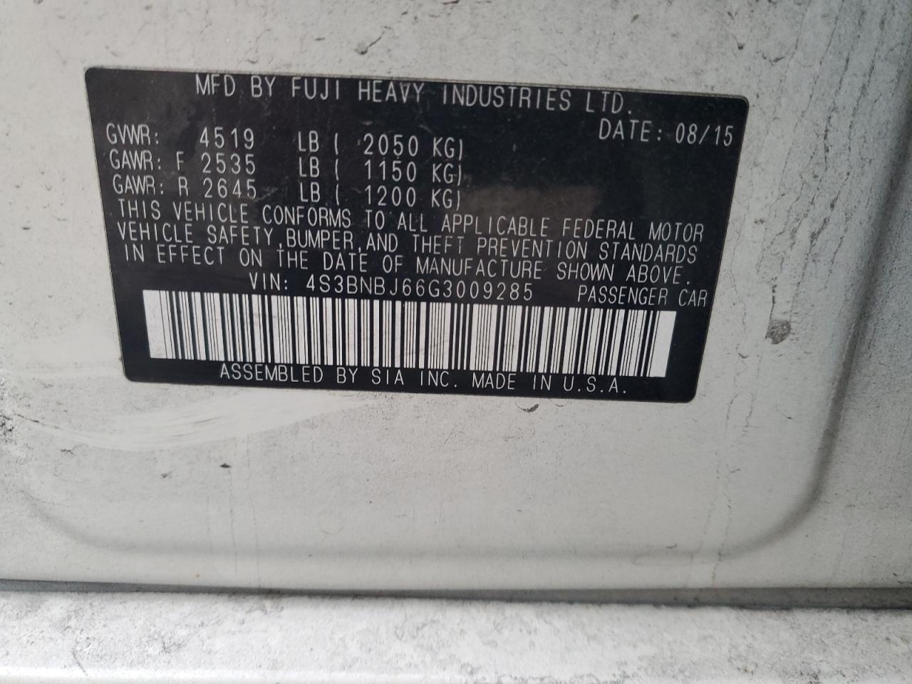 2016 Subaru Legacy VIN 4S3BNBJ66G3009285 Copart auction photo, front end damage thumbnail 14