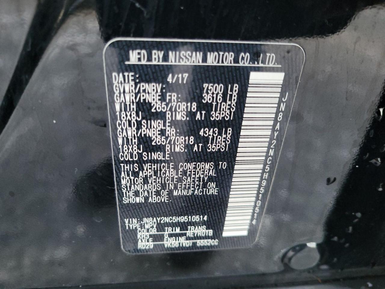 2017 Nissan Armada VIN JN8AY2NC5H9510514 Copart auction photo, normal wear damage thumbnail 10