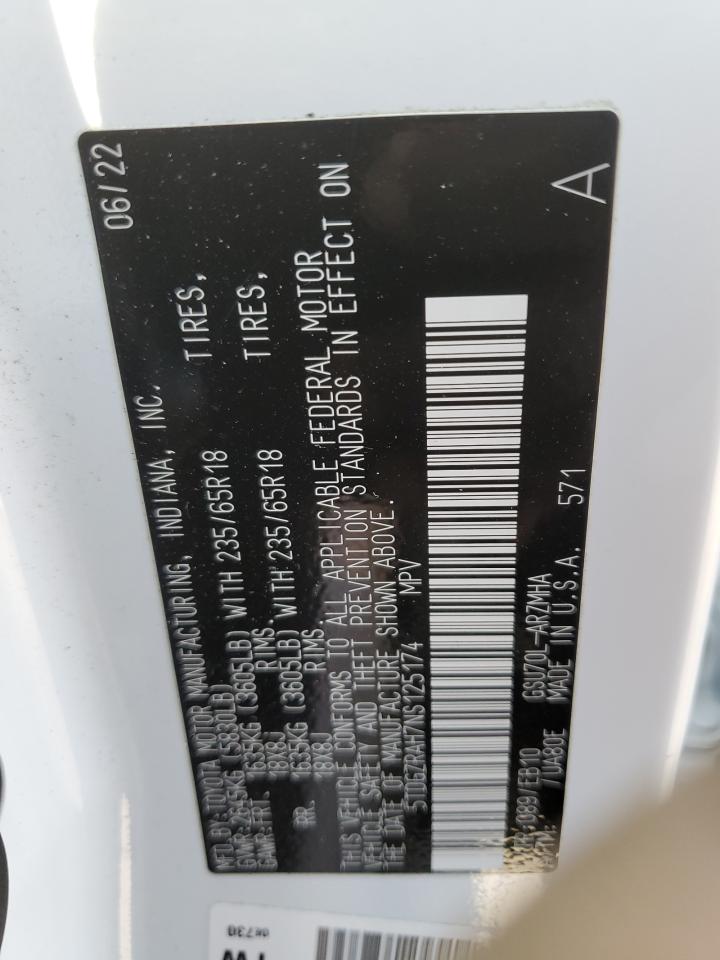 2022 Toyota Highlander VIN 5TDGZRAH7NS125174 Copart auction photo, front end damage thumbnail 13