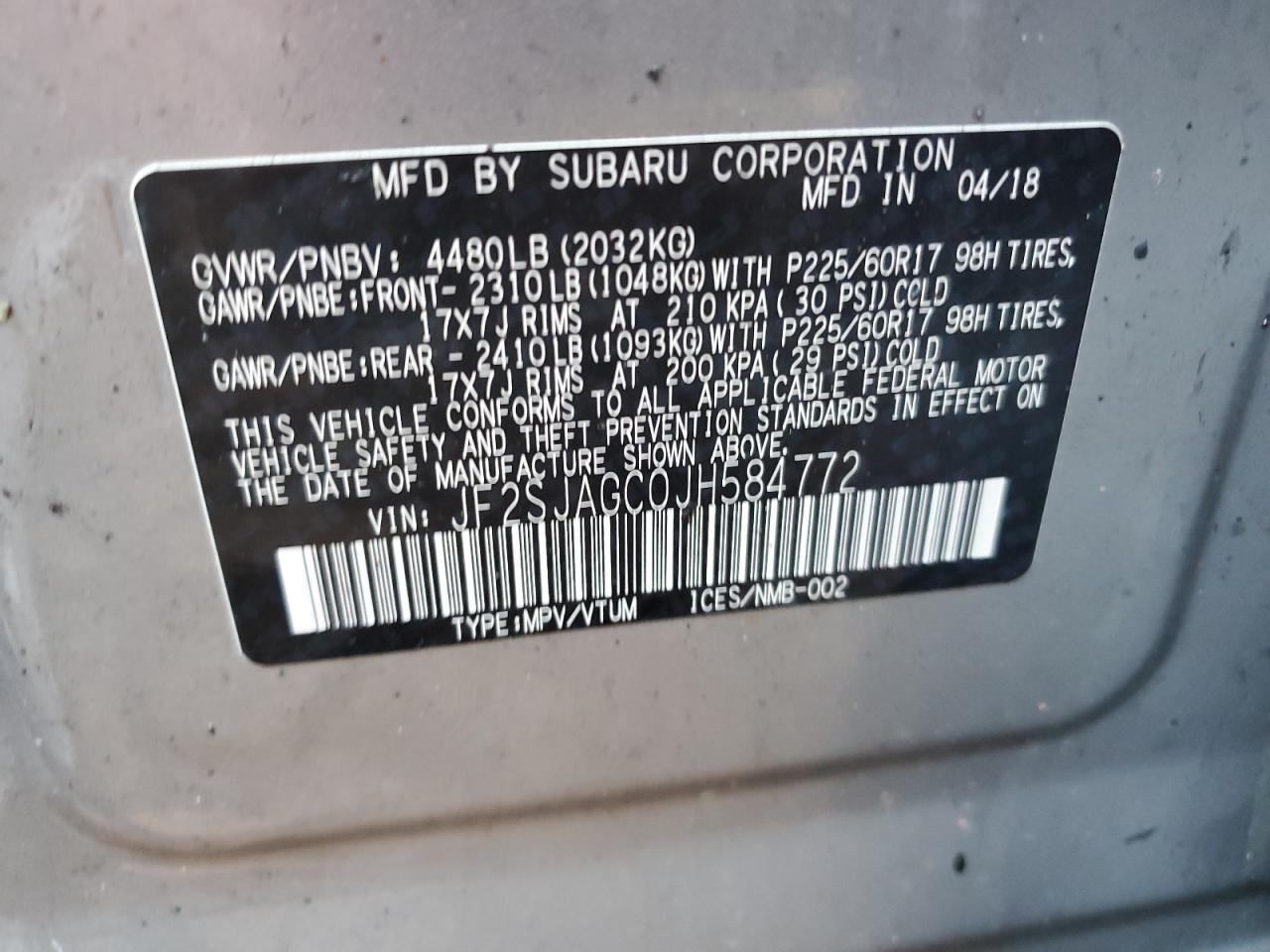 2018 Subaru Forester VIN JF2SJAGC0JH584772 Copart auction photo, burn / burn - interior damage thumbnail 14