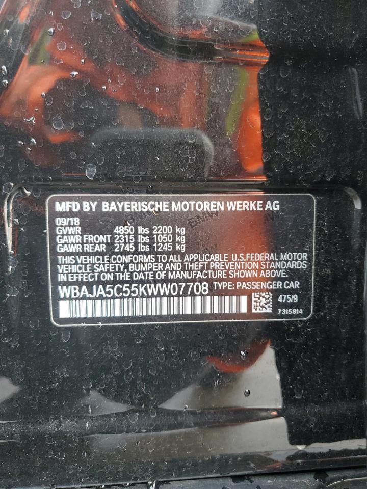 2019 BMW 5er VIN WBAJA5C55KWW07708 Copart auction photo, front end damage thumbnail 12