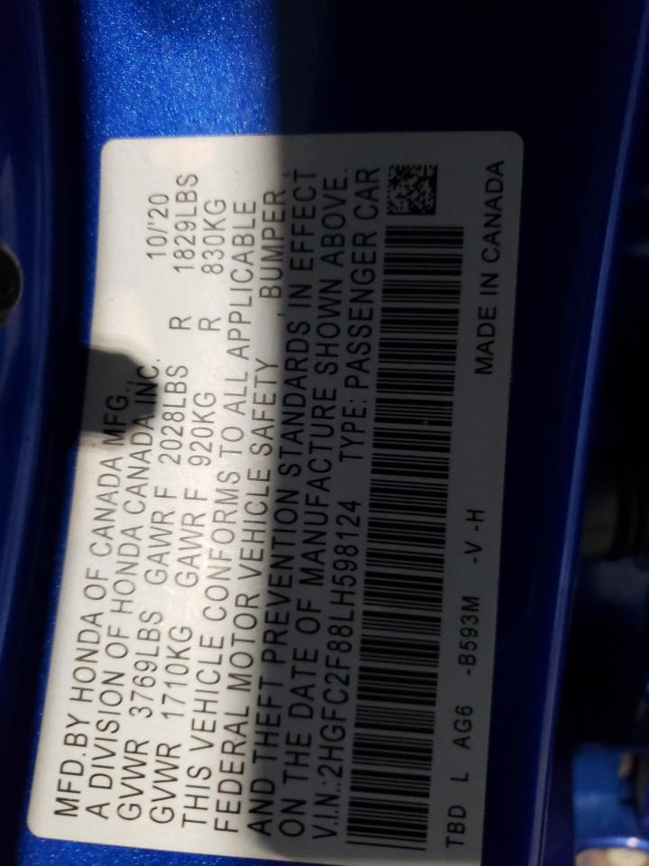 2020 Honda Civic VIN 2HGFC2F88LH598124 Copart auction photo, front end damage thumbnail 15