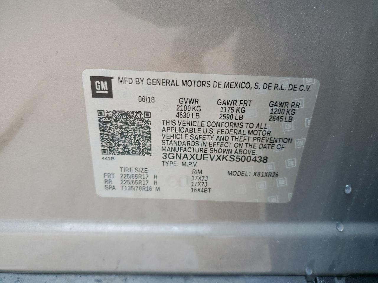 2019 Chevrolet Equinox VIN 3GNAXUEVXKS500438 Copart auction photo, side damage thumbnail 13