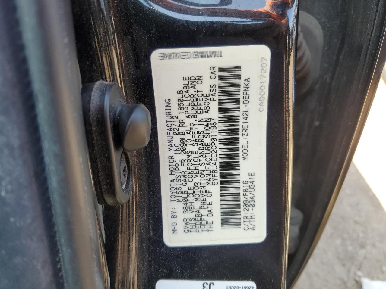 2012 Toyota Corolla VIN 5YFBU4EE2CP011987 Copart auction photo, rear end damage thumbnail 12