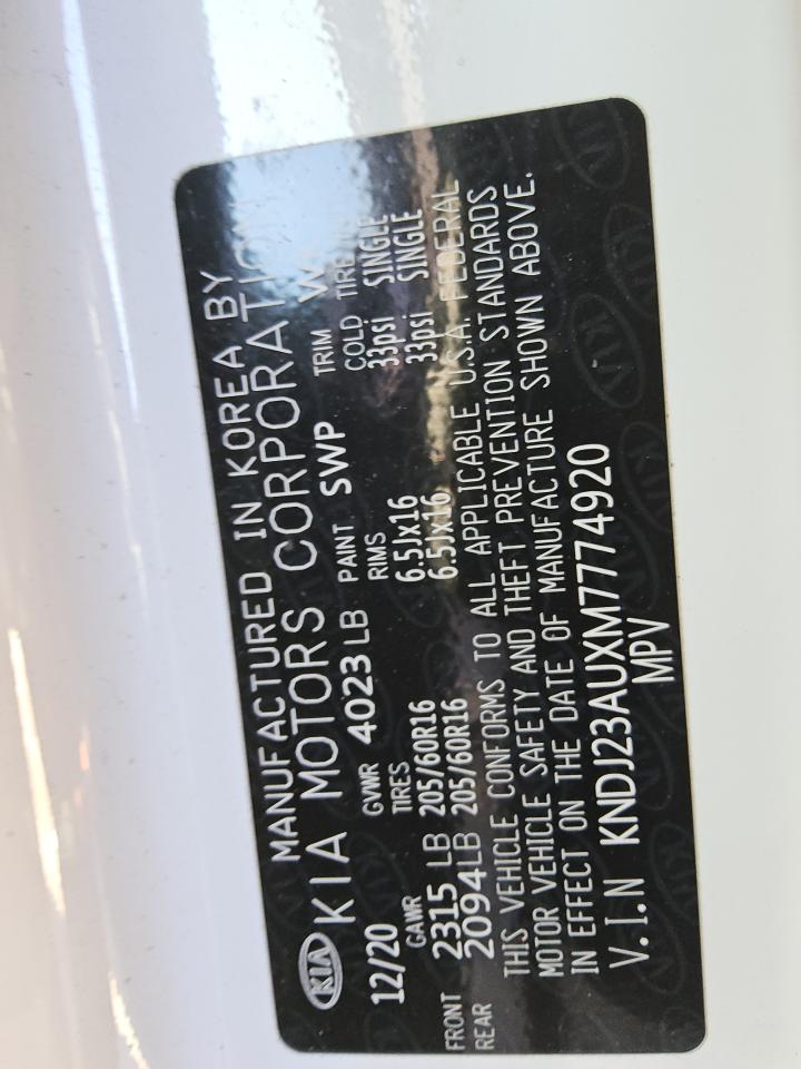2021 KIA Soul VIN KNDJ23AUXM7774920 Copart auction photo, normal wear damage thumbnail 12