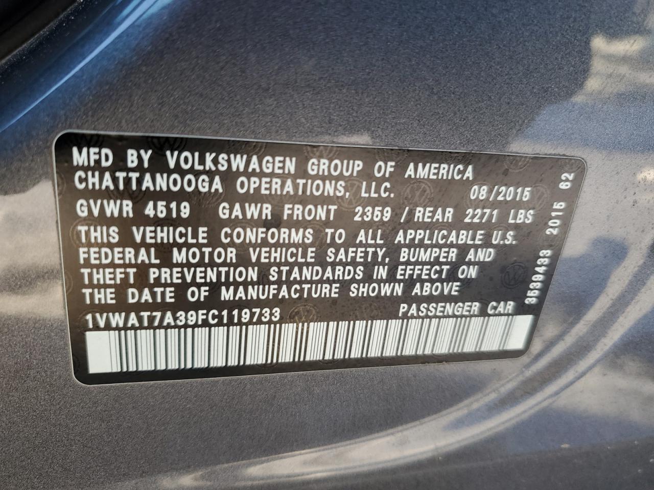 2015 Volkswagen Passat VIN 1VWAT7A39FC119733 Copart auction photo, rear end damage thumbnail 13
