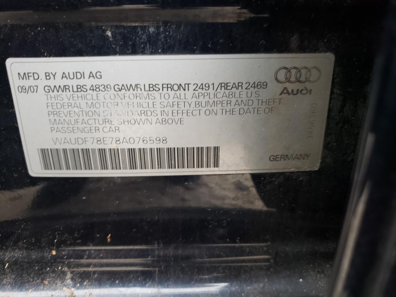 2008 Audi A4 VIN WAUDF78E78A076598 Copart auction photo, burn - interior / minor dent/scratches damage thumbnail 13
