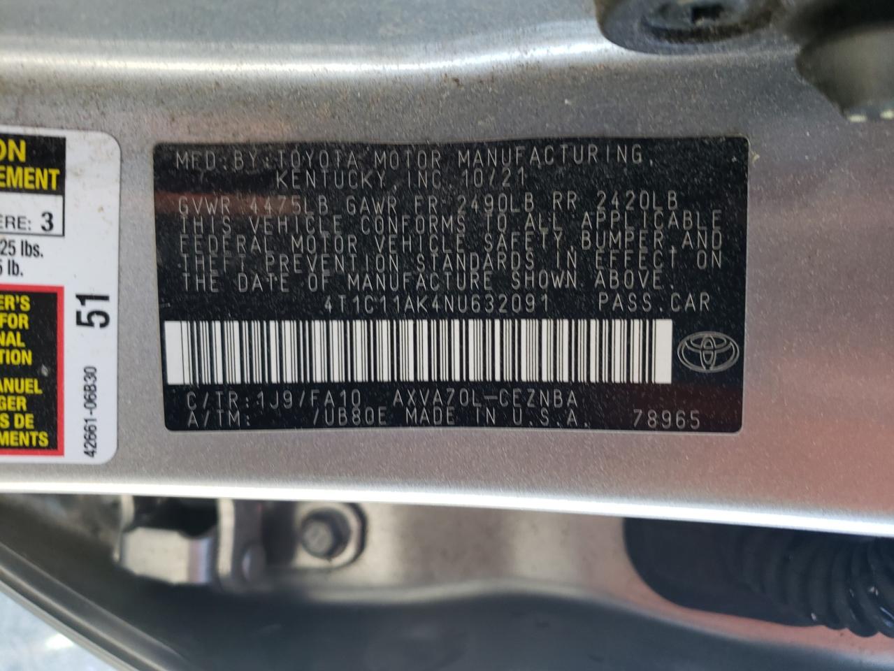 2022 Toyota Camry VIN 4T1C11AK4NU632091 Copart auction photo, front end damage thumbnail 12