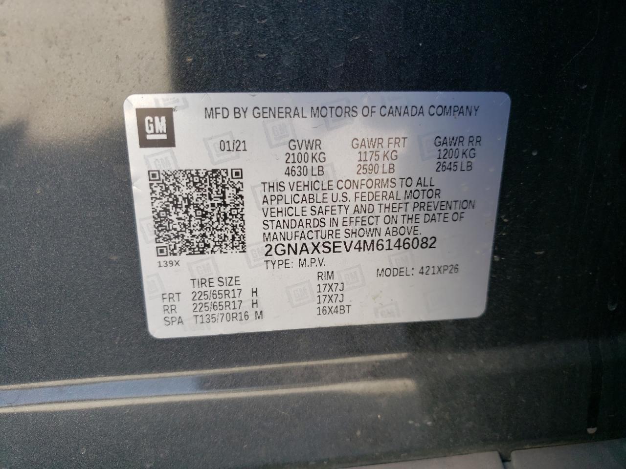 2021 Chevrolet Equinox VIN 2GNAXSEV4M6146082 Copart auction photo, front end / side damage thumbnail 15