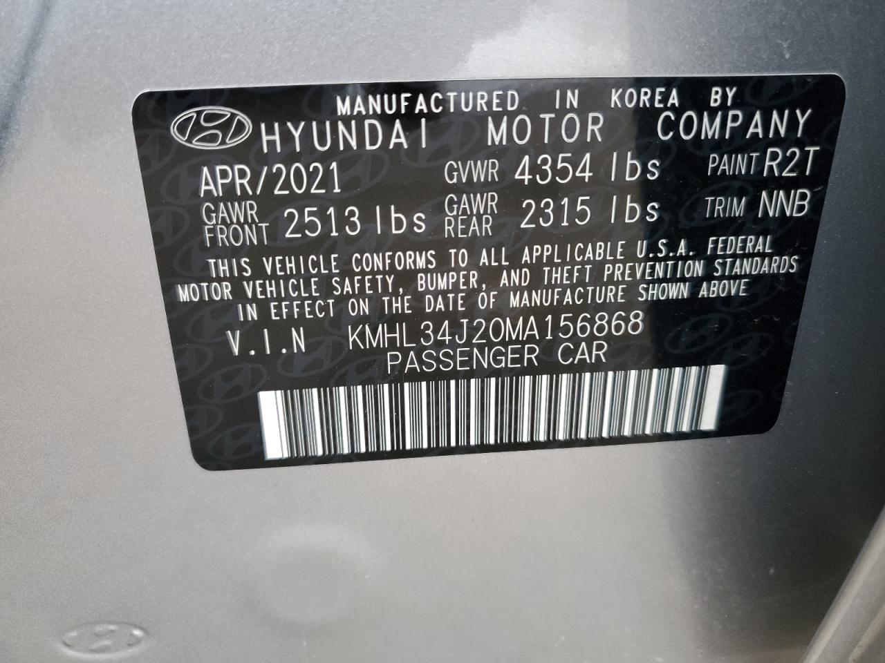 2021 Hyundai Sonata VIN KMHL34J20MA156868 Copart auction photo, front end damage thumbnail 13