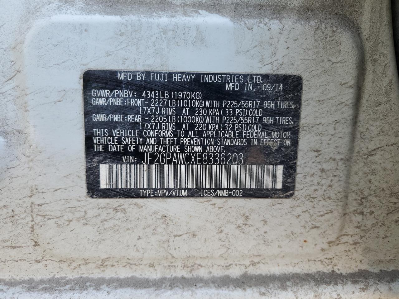 2014 Subaru XV VIN JF2GPAWCXE8336203 Copart auction photo, front end damage thumbnail 14