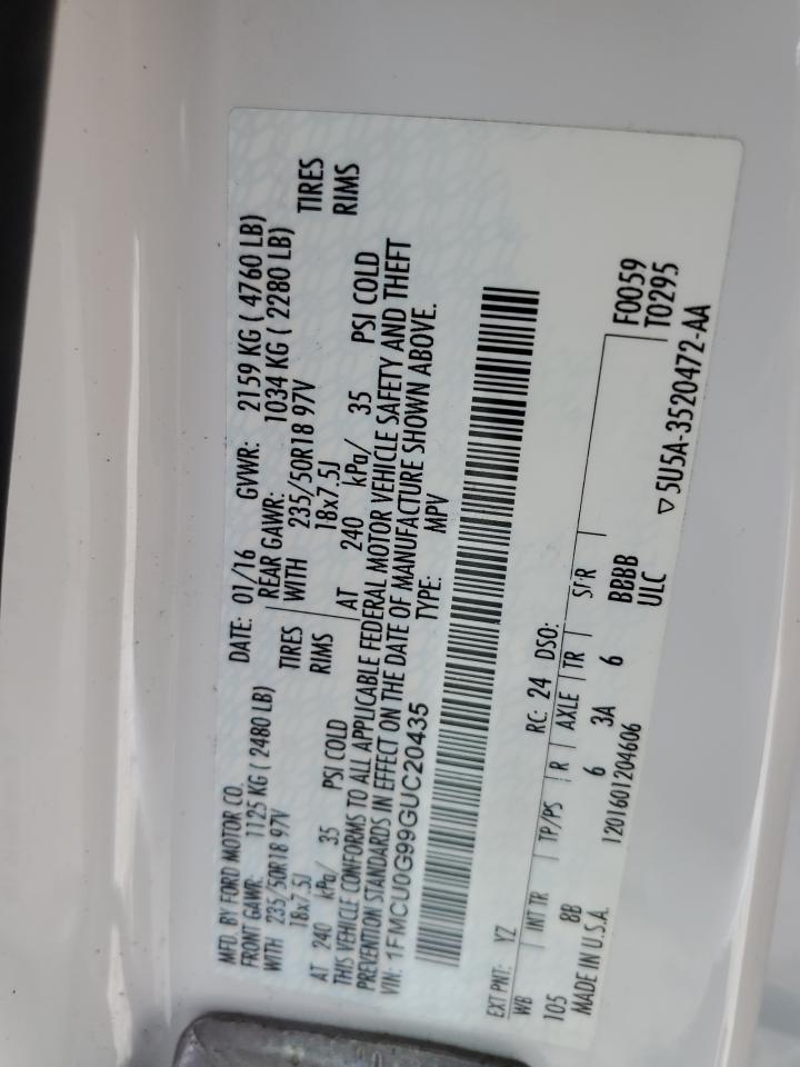 2016 Ford Escape VIN 1FMCU0G99GUC20435 Copart auction photo, side / mechanical damage thumbnail 15