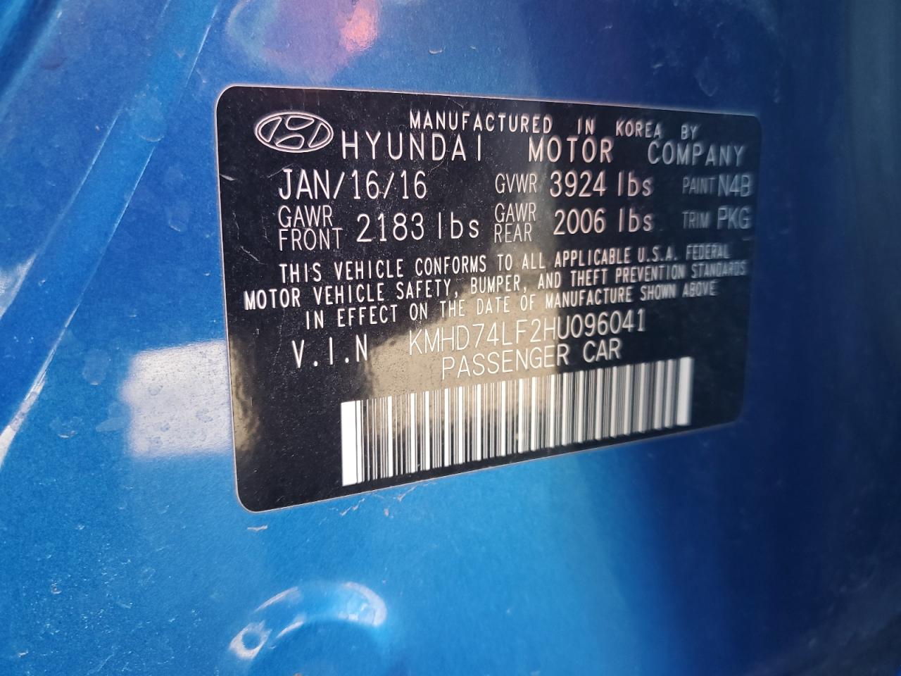 2017 Hyundai Elantra VIN KMHD74LF2HU096041 Copart auction photo, front end / hail damage thumbnail 13
