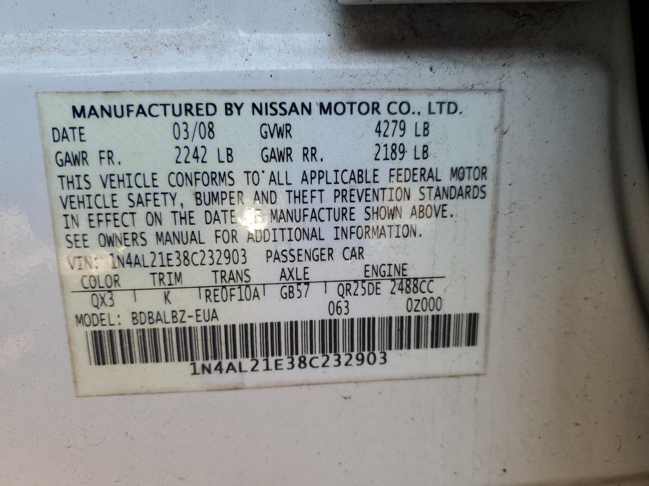 2008 Nissan Altima VIN 1N4AL21E38C232903 Copart auction photo, rear end damage thumbnail 12