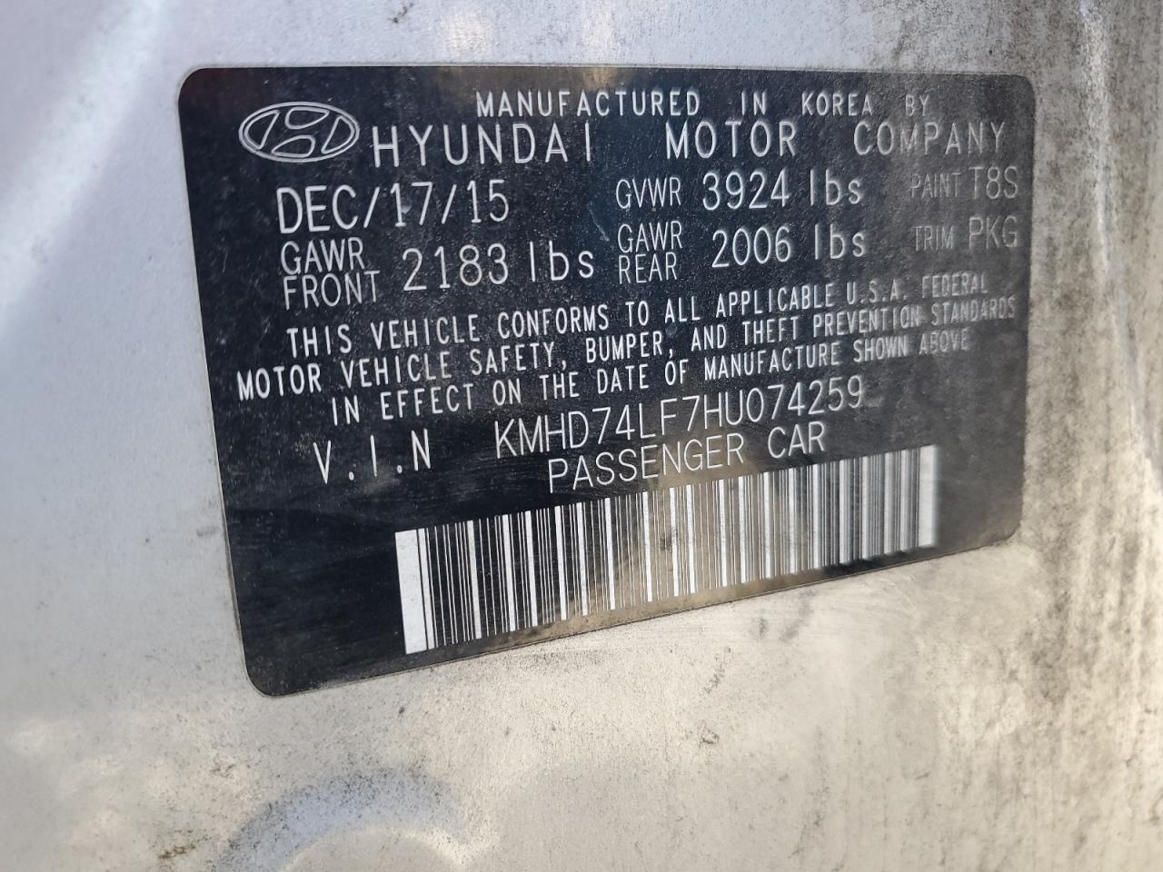 2017 Hyundai Elantra VIN KMHD74LF7HU074259 Copart auction photo, all over damage thumbnail 12