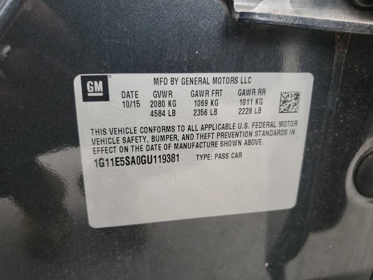 2016 Chevrolet Malibu VIN 1G11E5SA0GU119381 Copart auction photo, front end damage thumbnail 12