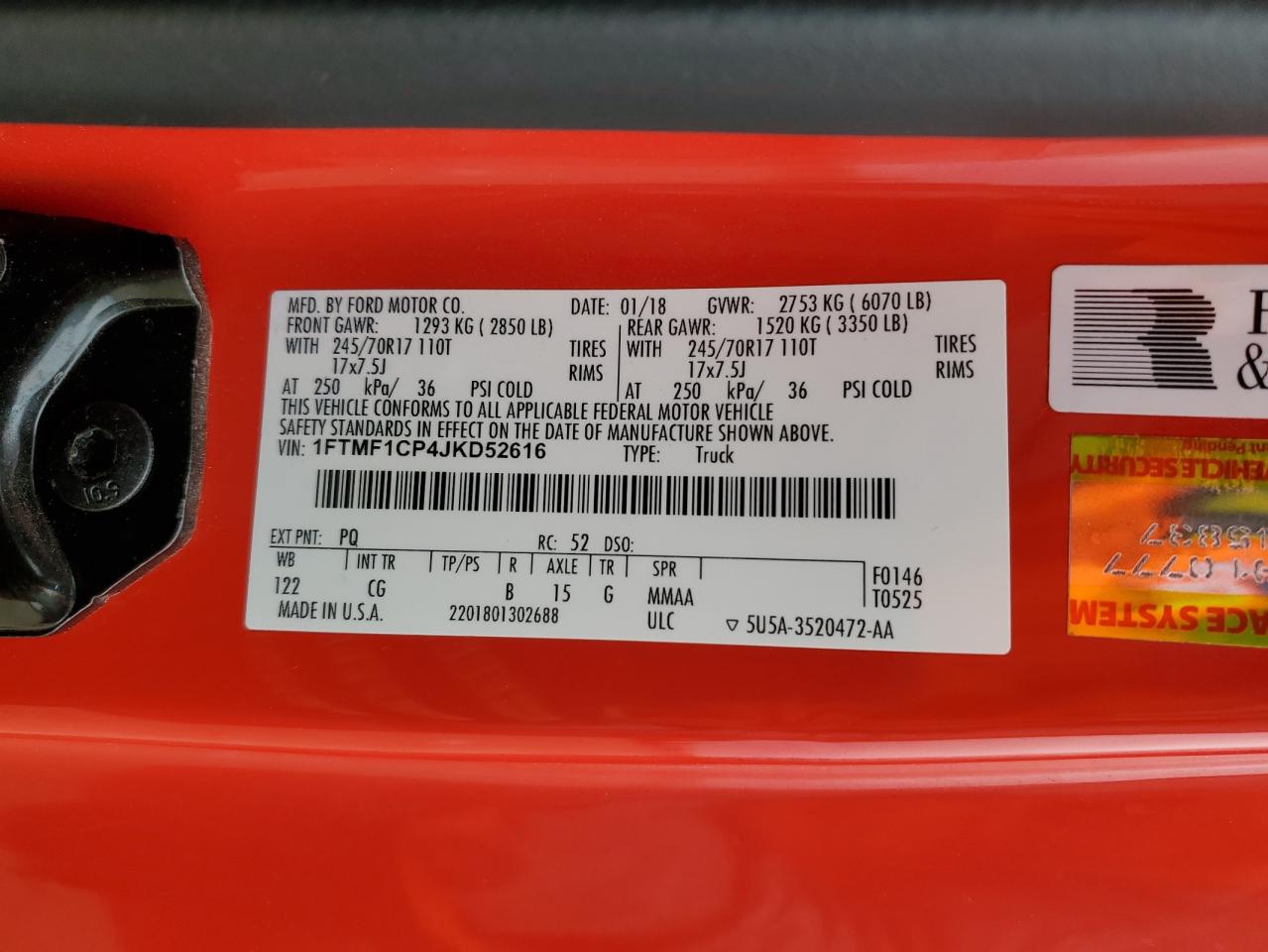 2018 Ford F-150 VIN 1FTMF1CP4JKD52616 Copart auction photo, front end damage thumbnail 15
