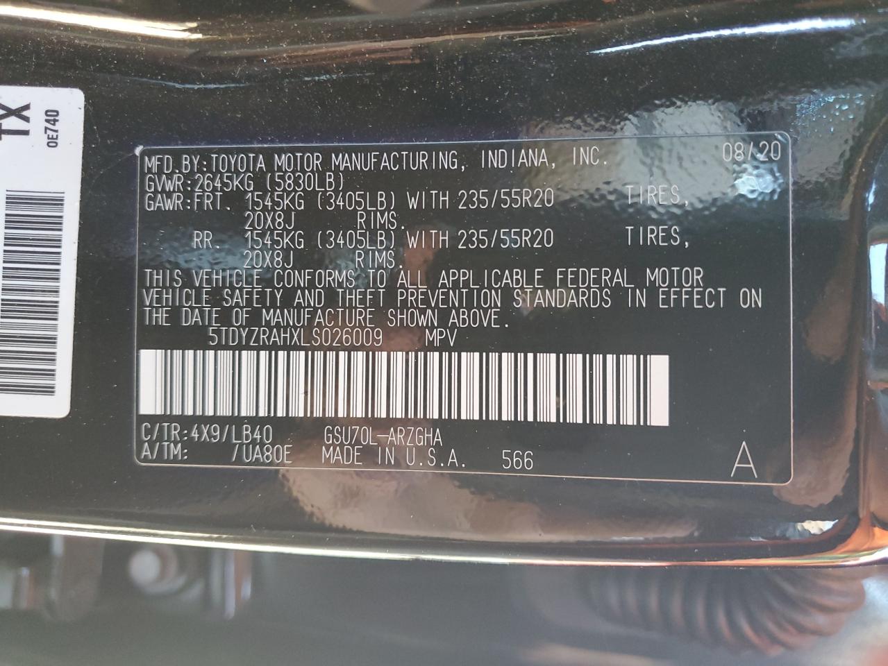 2020 Toyota Highlander VIN 5TDYZRAHXLS026009 Copart auction photo, front end damage thumbnail 13