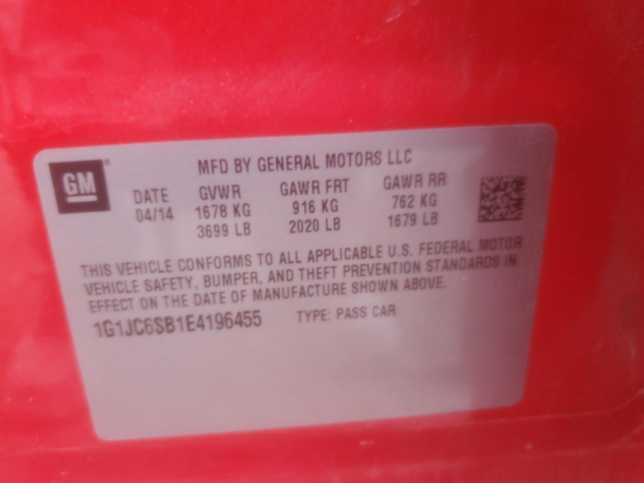 2014 Chevrolet Sonic VIN 1G1JC6SB1E4196455 Copart auction photo, rear end / side damage thumbnail 15