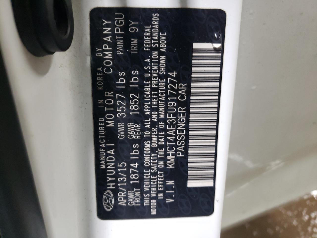 2015 Hyundai Accent VIN KMHCT4AE3FU917274 Copart auction photo, side / front end damage thumbnail 12