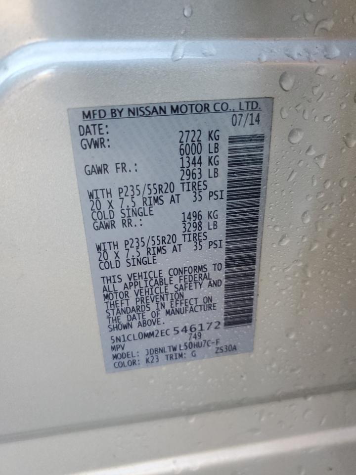 2014 Infiniti QX60 VIN 5N1CL0MM2EC546172 Copart auction photo, front end / side damage thumbnail 13