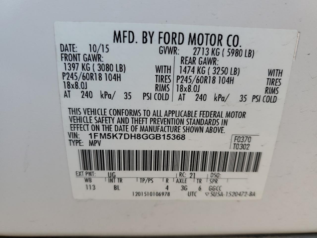 2016 Ford Explorer VIN 1FM5K7DH8GGB15368 Copart auction photo, all over / rejected repair damage thumbnail 16