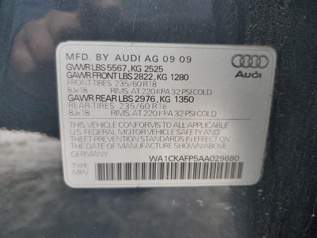 2010 Audi Q5 VIN WA1CKAFP5AA029680 Copart auction photo, front end damage thumbnail 13