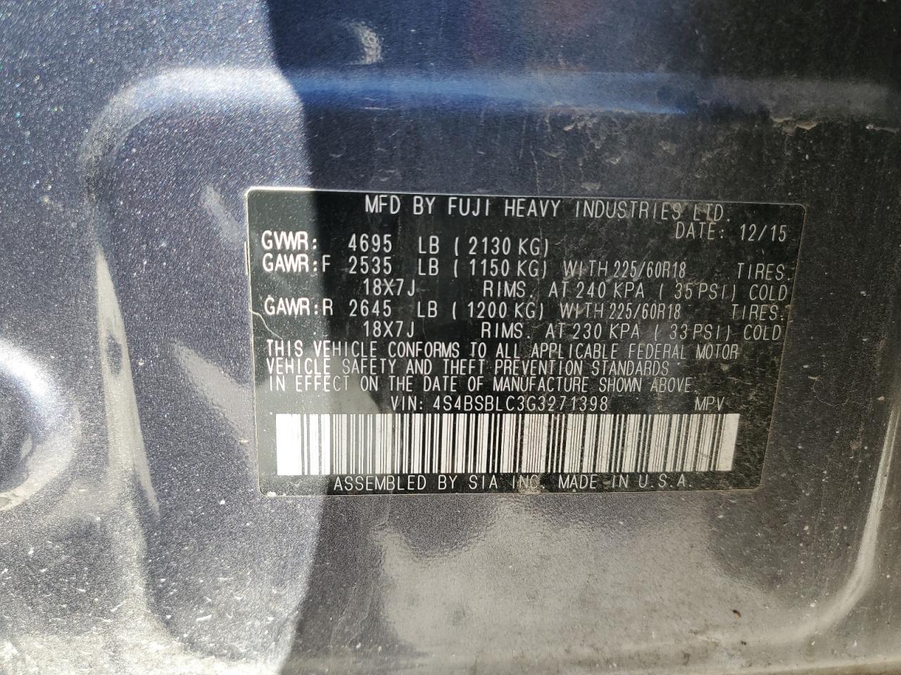 2016 Subaru Outback VIN 4S4BSBLC3G3271398 Copart auction photo, front end damage thumbnail 14