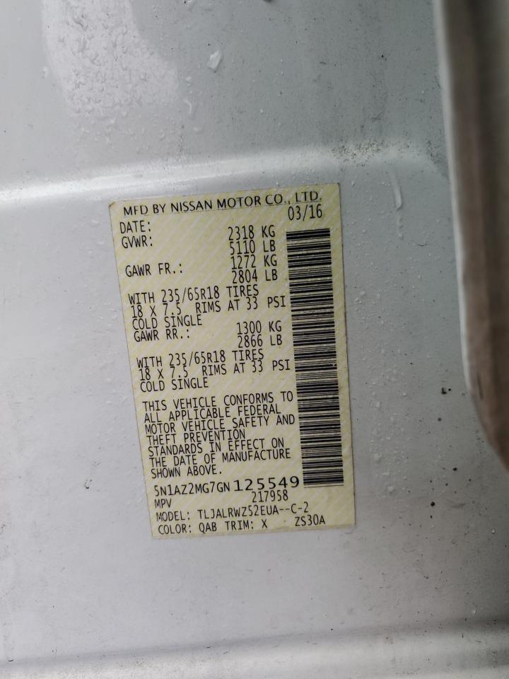 2016 Nissan Murano VIN 5N1AZ2MG7GN125549 Copart auction photo, rollover / all over damage thumbnail 12