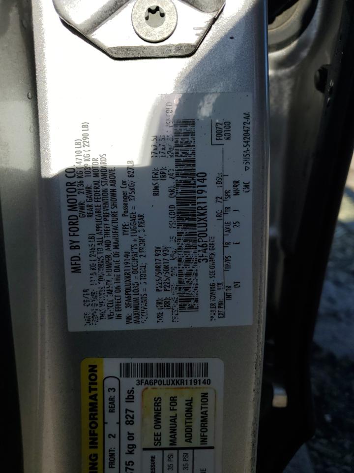 2019 Ford Fusion VIN 3FA6P0LUXKR119140 Copart auction photo, side damage thumbnail 12