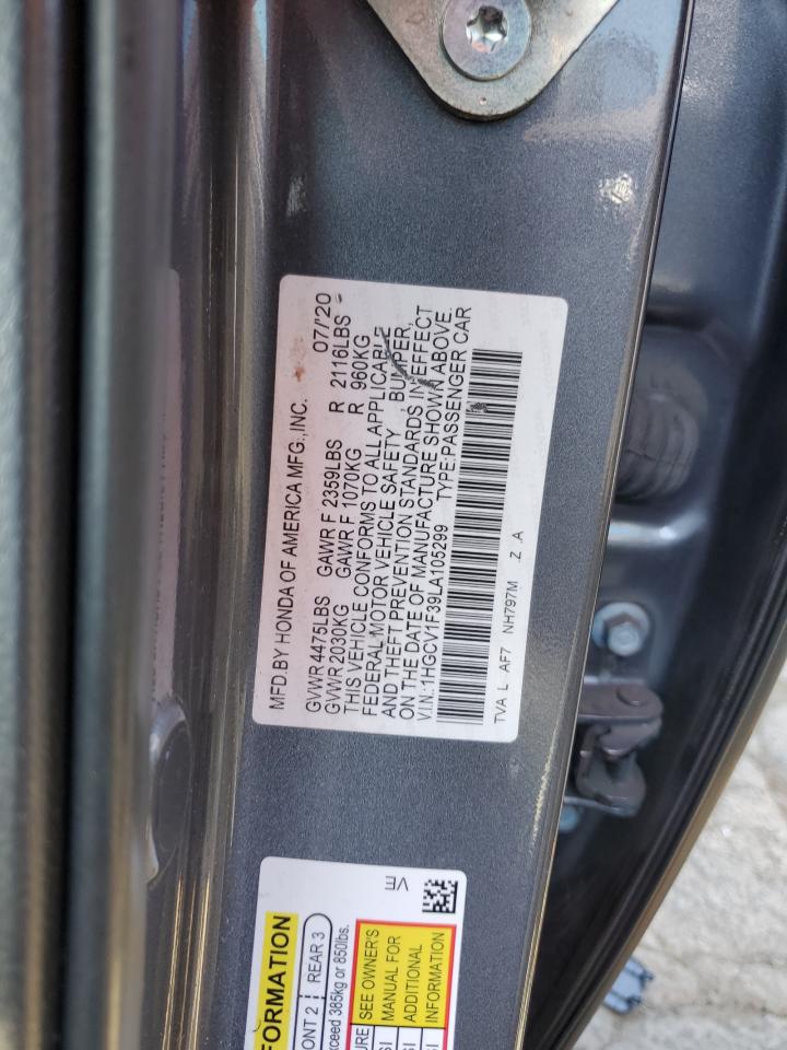 2020 Honda Accord VIN 1HGCV1F39LA105299 Copart auction photo, stripped / vandalism damage thumbnail 12