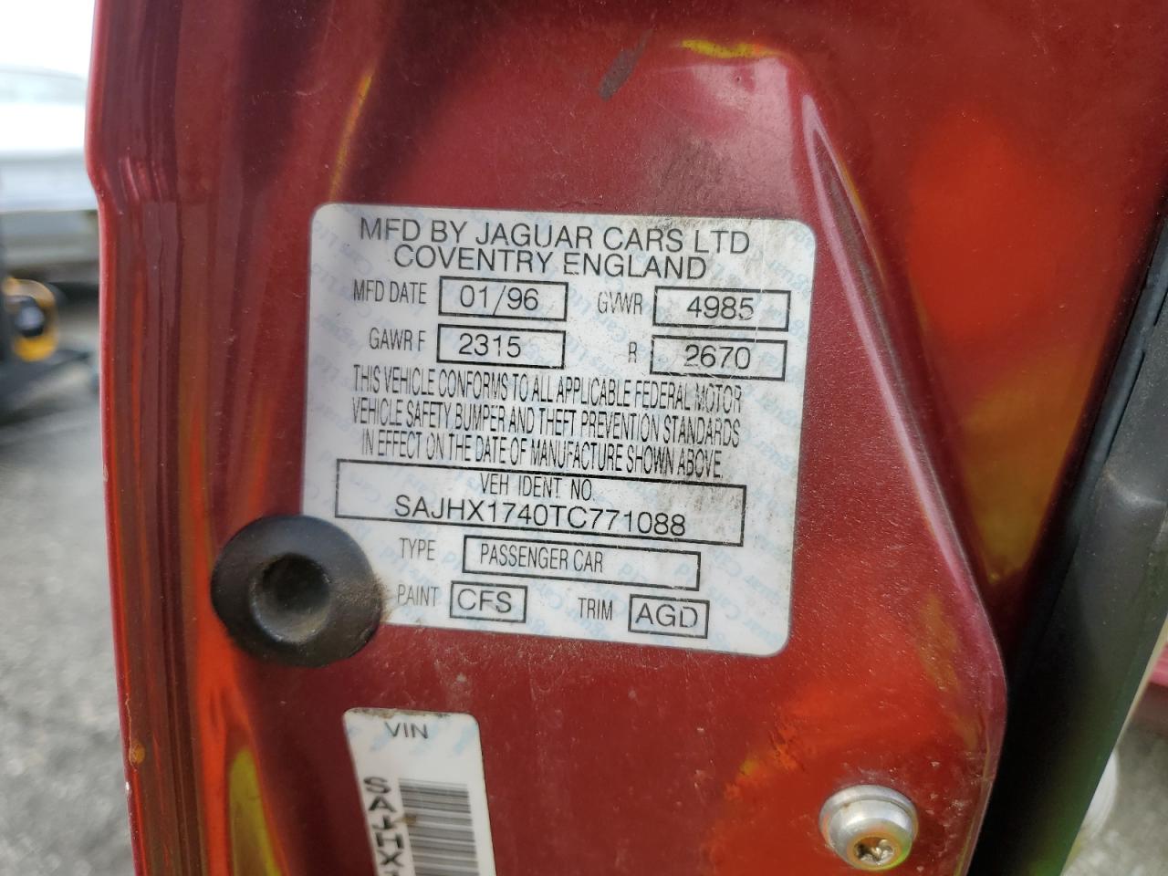 1996 Jaguar XJ VIN SAJHX1740TC771088 Copart auction photo, normal wear damage thumbnail 12