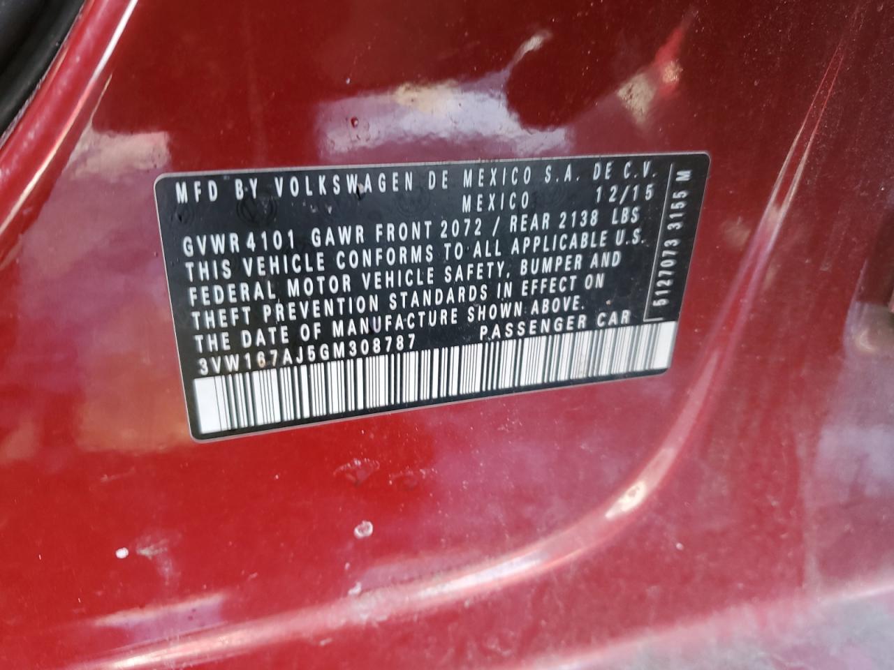 2016 Volkswagen Jetta VIN 3VW167AJ5GM308787 Copart auction photo, side damage thumbnail 14