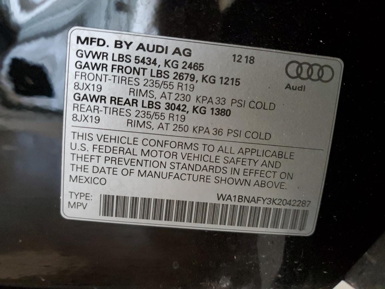2019 Audi Q5 VIN WA1BNAFY3K2042287 Copart auction photo, front end damage thumbnail 14