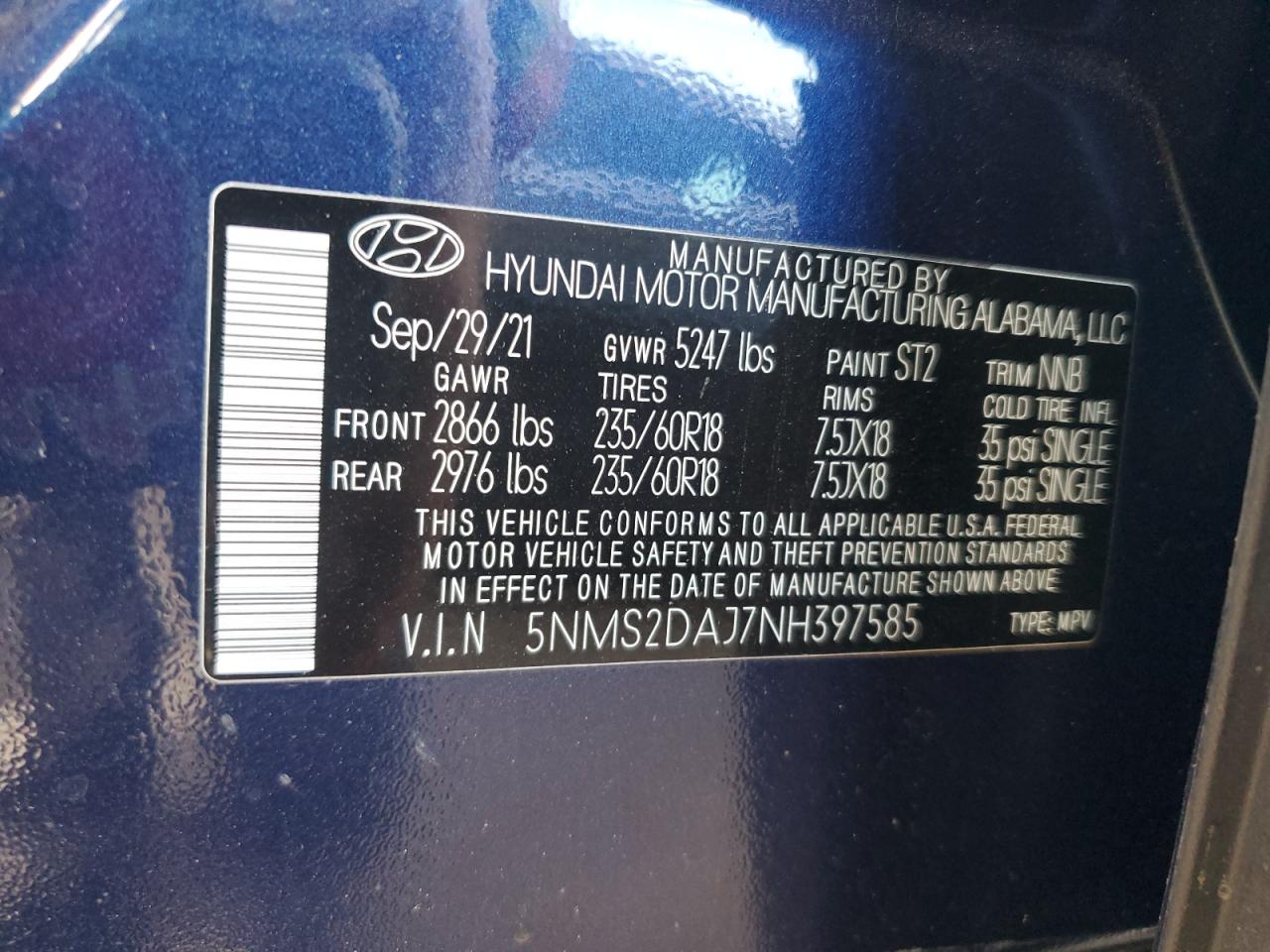 2022 Hyundai Santa Fe VIN 5NMS2DAJ7NH397585 Copart auction photo, all over damage thumbnail 13