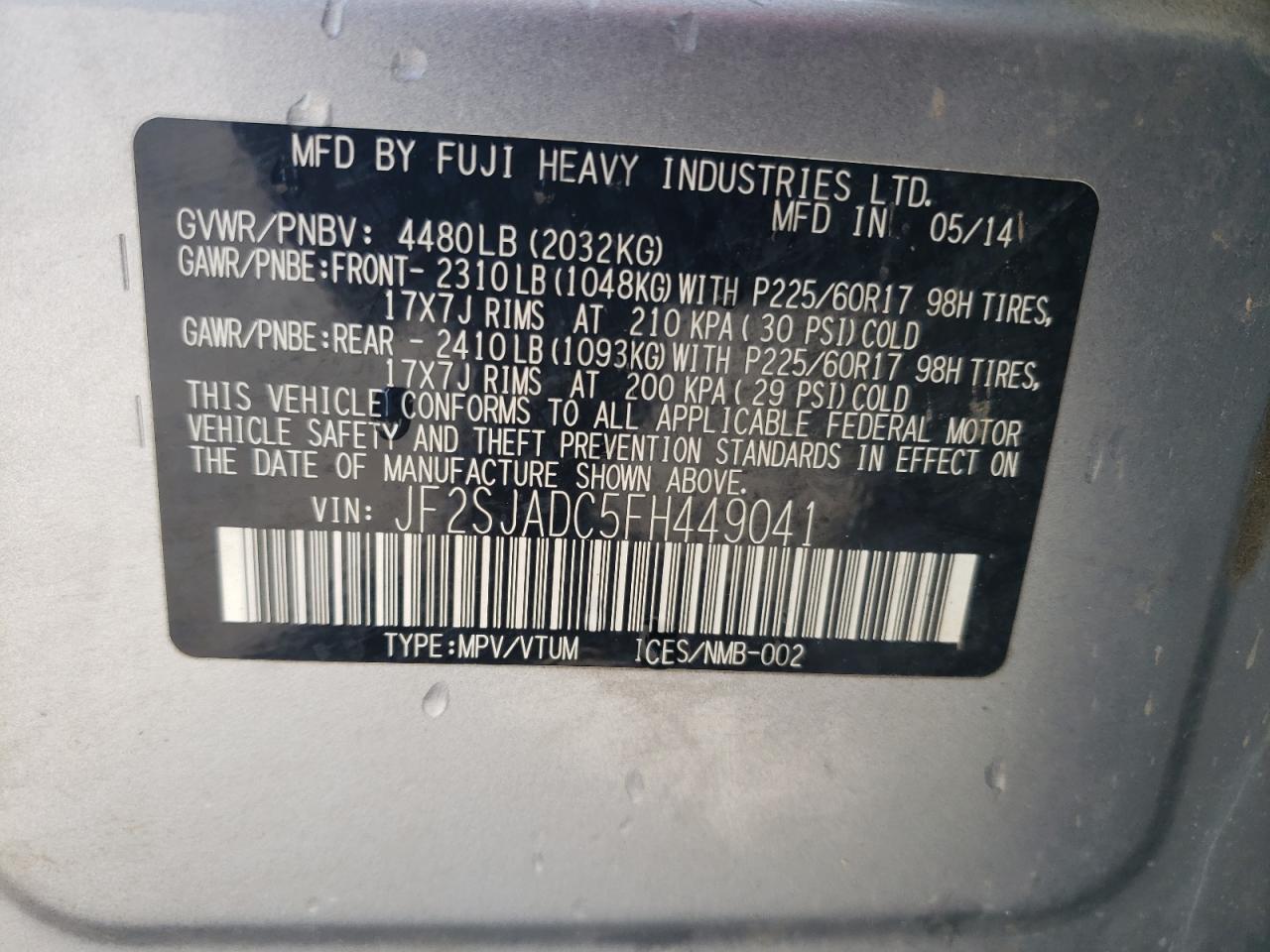 2015 Subaru Forester VIN JF2SJADC5FH449041 Copart auction photo, front end / minor dent/scratches damage thumbnail 12