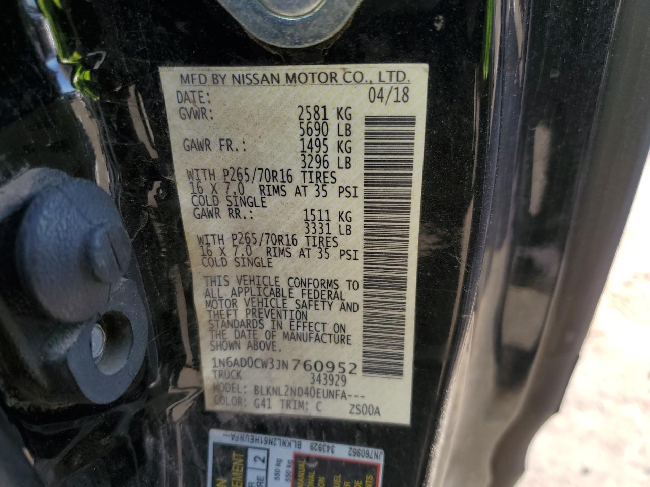 2018 Nissan Navara (Frontier) VIN 1N6AD0CW3JN760952 Copart auction photo, side damage thumbnail 12