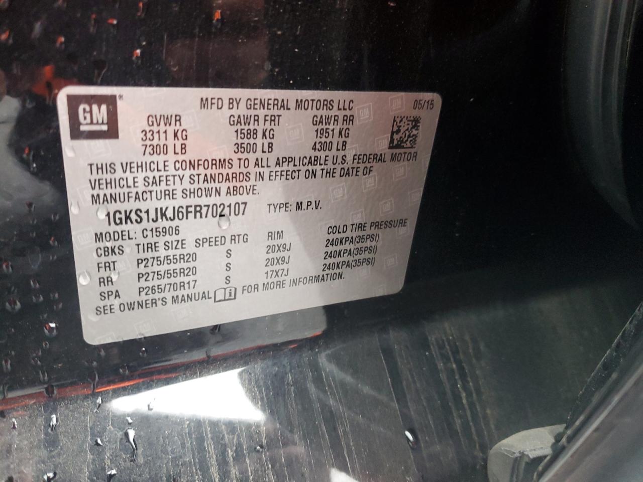2015 GMC Yukon VIN 1GKS1JKJ6FR702107 Copart auction photo, front end / side damage thumbnail 13