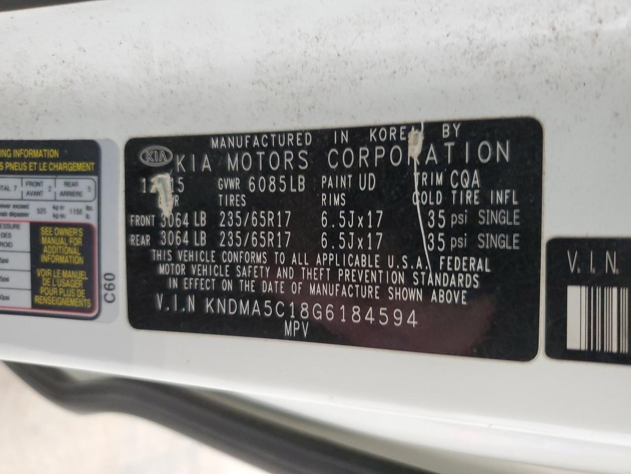 2016 KIA Sedona VIN KNDMA5C18G6184594 Copart auction photo, minor dent/scratches damage thumbnail 13