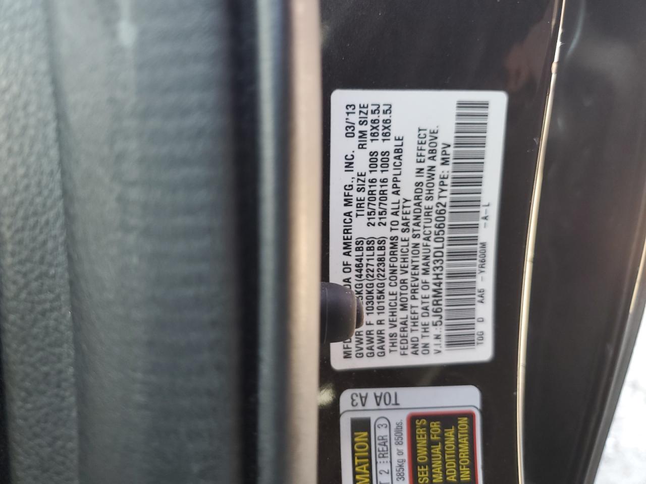 2013 Honda CR-V VIN 5J6RM4H33DL056062 Copart auction photo, front end / rear end damage thumbnail 15