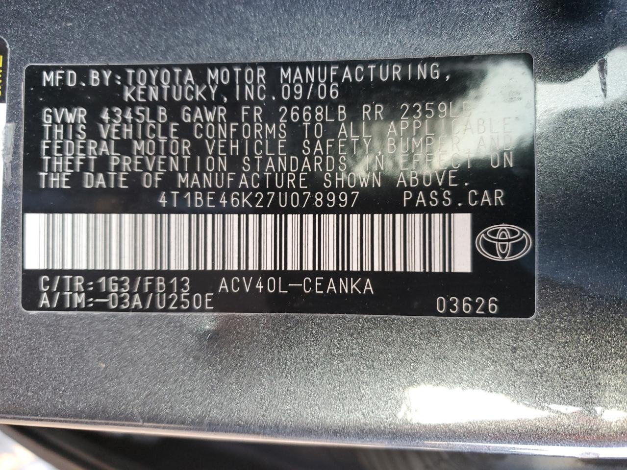 2007 Toyota Camry VIN 4T1BE46K27U078997 Copart auction photo, minor dent/scratches damage thumbnail 12