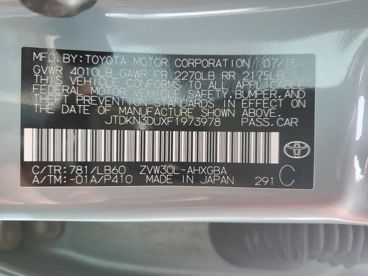2015 Toyota Prius VIN JTDKN3DUXF1973978 Copart auction photo, all over damage thumbnail 12