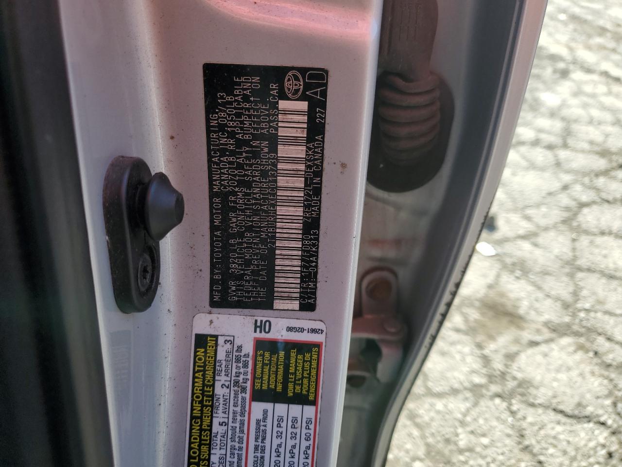 2014 Toyota Corolla VIN 2T1BURHEXEC013739 Copart auction photo, side / rear end damage thumbnail 14