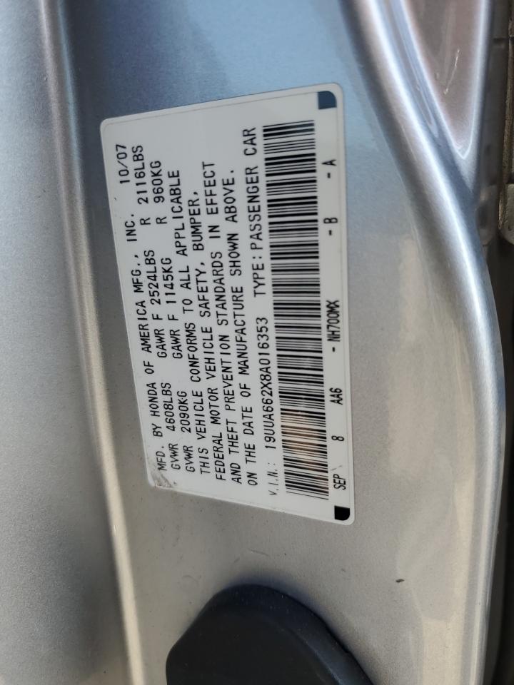 2008 Acura TL VIN 19UUA662X8A016353 Copart auction photo, front end / side damage thumbnail 14