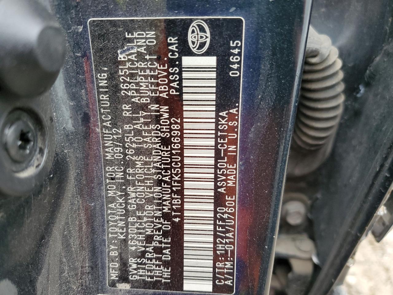2012 Toyota Camry VIN 4T1BF1FK5CU166982 Copart auction photo, side / minor dent/scratches damage thumbnail 12